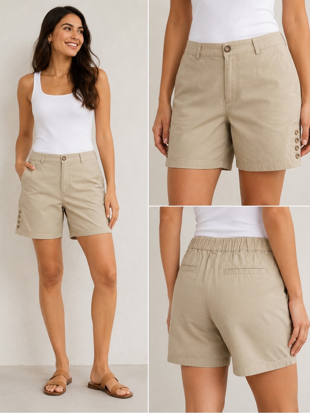Lands' End Women's Tan Button-Hem Bermuda Shorts size 14p